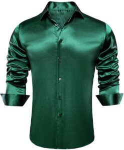 hi-tie men's dark green dress shirt long sleeve satin silk like regular fit solid turn down collar shirt casual prom daily