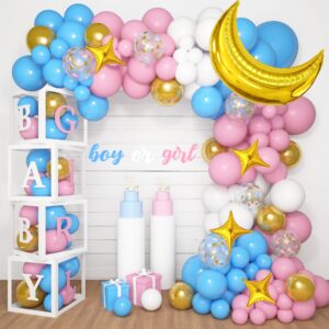 amandir 134pcs baby boxes gender reveal balloon decorations, pink and blue balloon arch kit baby boxes with letters(a-z+baby boy girl?) for baby shower birthday he or she gender reveal party supplies