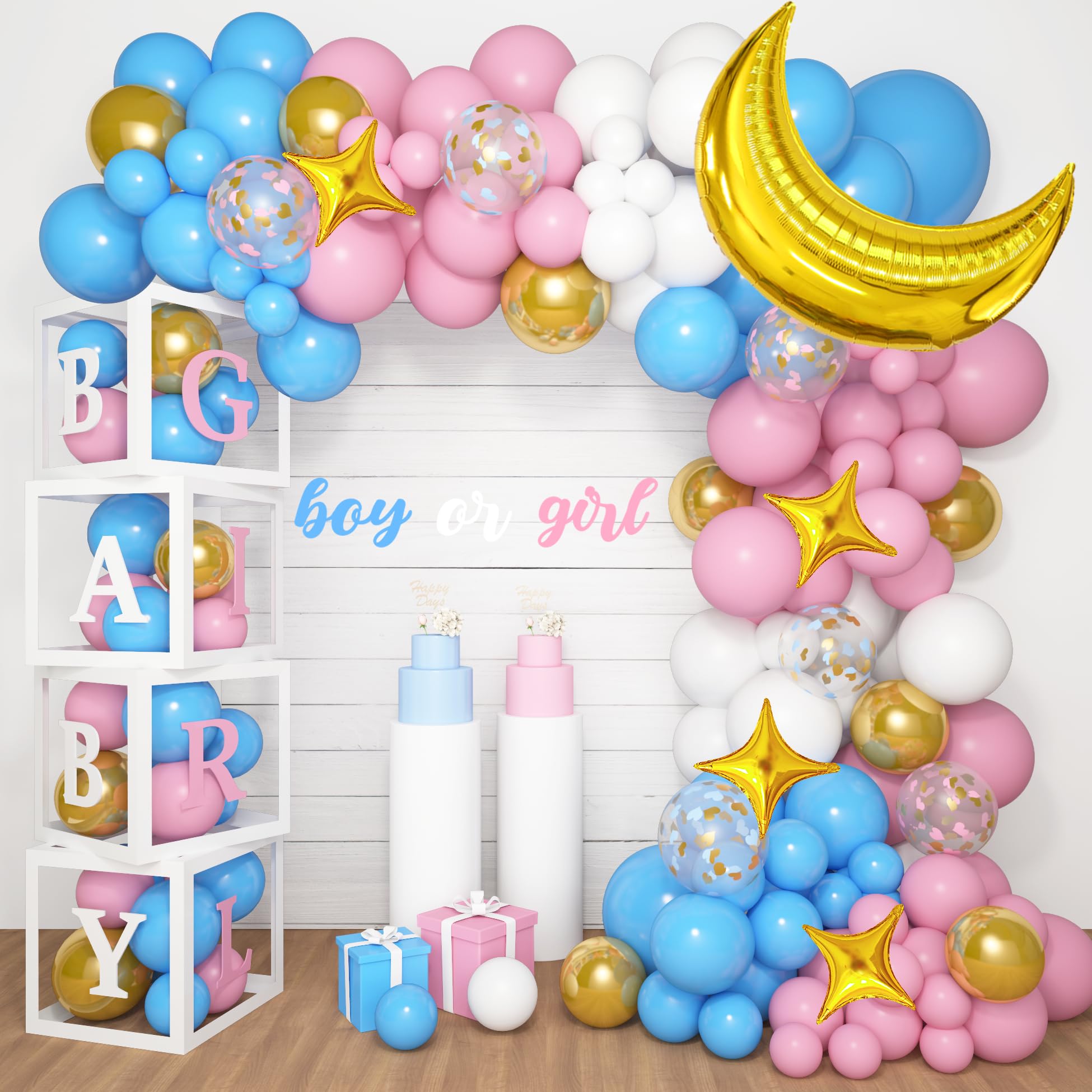 Amandir 134pcs Baby Boxes Gender Reveal Balloon Decorations, Pink and Blue Balloon Arch Kit Baby Boxes with Letters(A-Z+Baby Boy Girl?) for Baby Shower Birthday He or She Gender Reveal Party Supplies