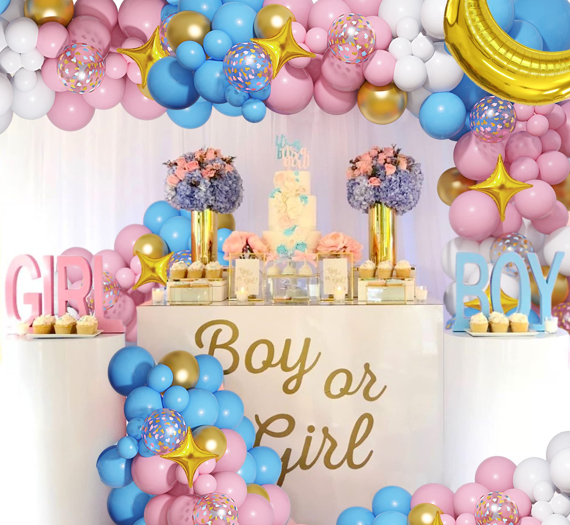 Amandir 134pcs Baby Boxes Gender Reveal Balloon Decorations, Pink and Blue Balloon Arch Kit Baby Boxes with Letters(A-Z+Baby Boy Girl?) for Baby Shower Birthday He or She Gender Reveal Party Supplies