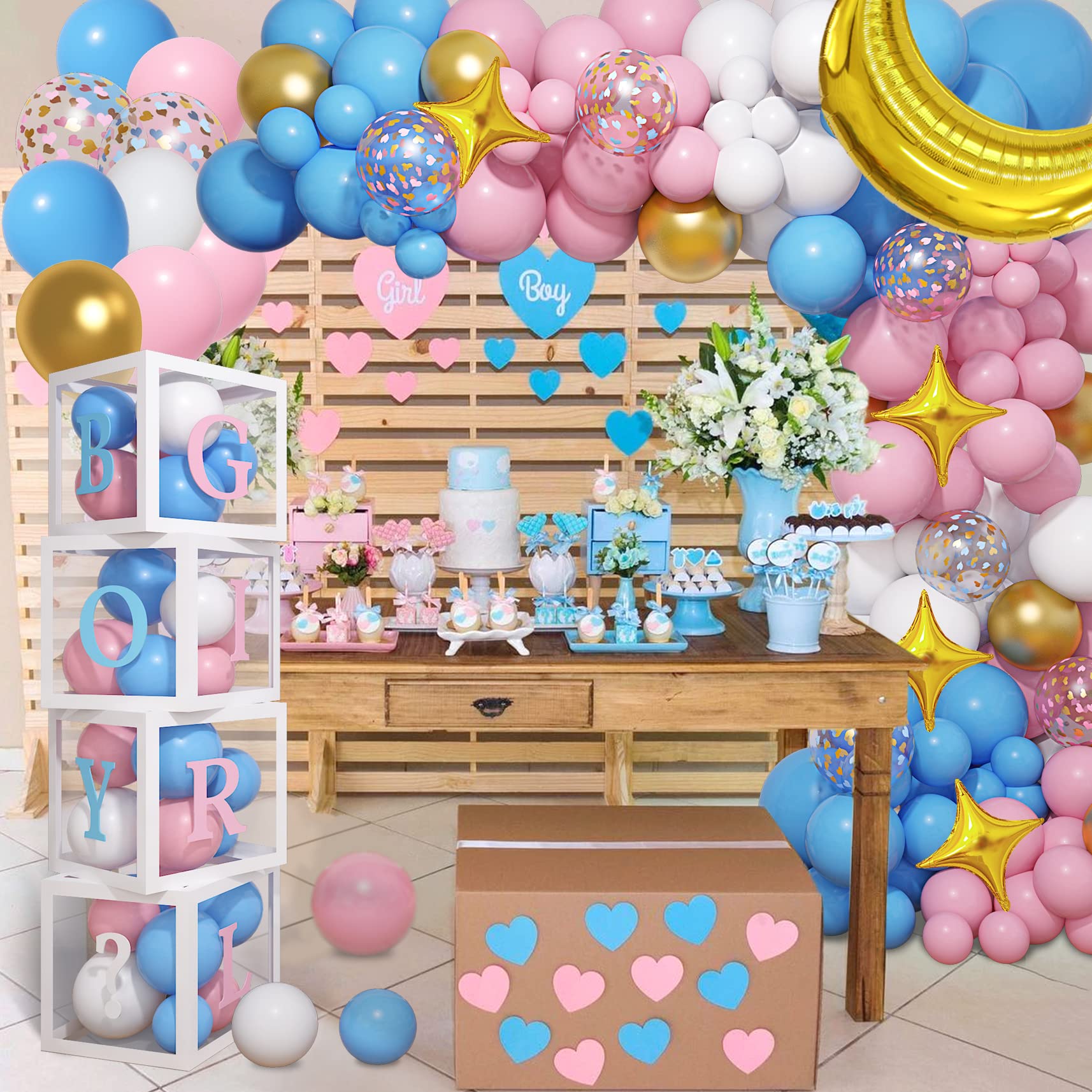 Amandir 134pcs Baby Boxes Gender Reveal Balloon Decorations, Pink and Blue Balloon Arch Kit Baby Boxes with Letters(A-Z+Baby Boy Girl?) for Baby Shower Birthday He or She Gender Reveal Party Supplies