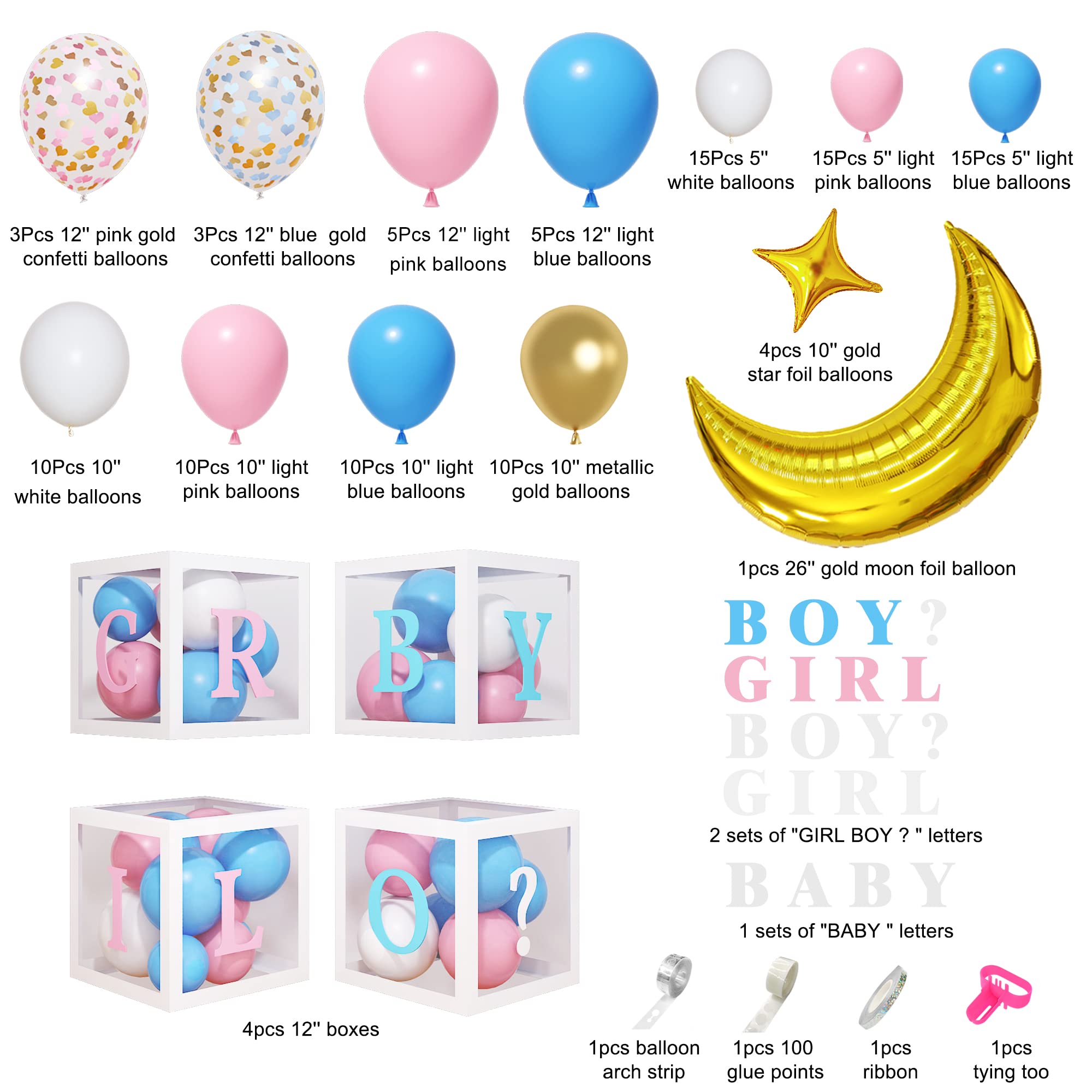 Amandir 134pcs Baby Boxes Gender Reveal Balloon Decorations, Pink and Blue Balloon Arch Kit Baby Boxes with Letters(A-Z+Baby Boy Girl?) for Baby Shower Birthday He or She Gender Reveal Party Supplies