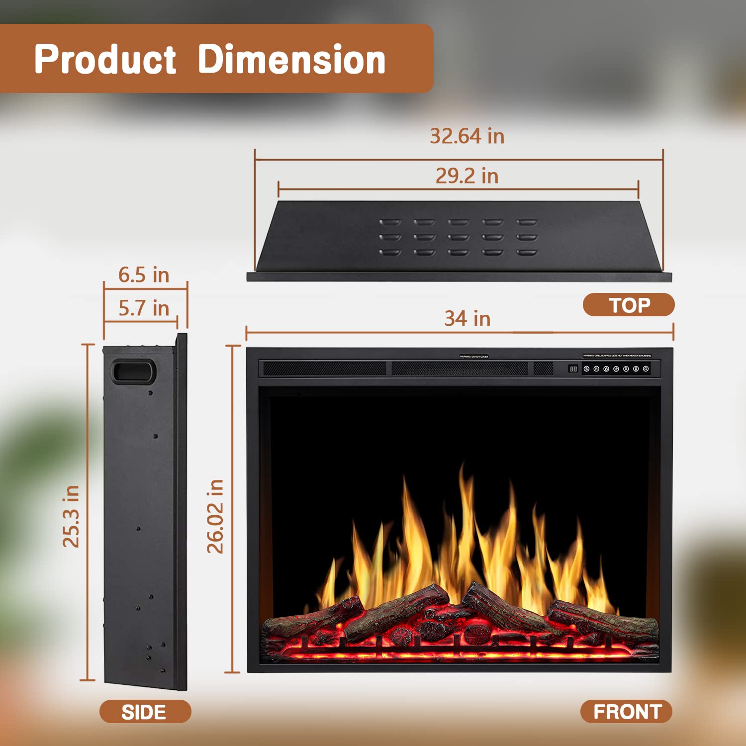 Havato 34 inch Electric Fireplace Inserts, Recessed Electric Stove Heater with Adjuatble Flame Colors, Log Colors, Flame Speed and Brightness, Remote Control & Time,750W/1500W