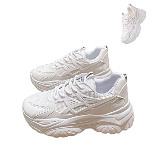 DevilAngel Women's White Platform Mesh Daddy Shoes, Solid Color Breathable Heightening Jogging Walking Sneakers (White-B,8.5)