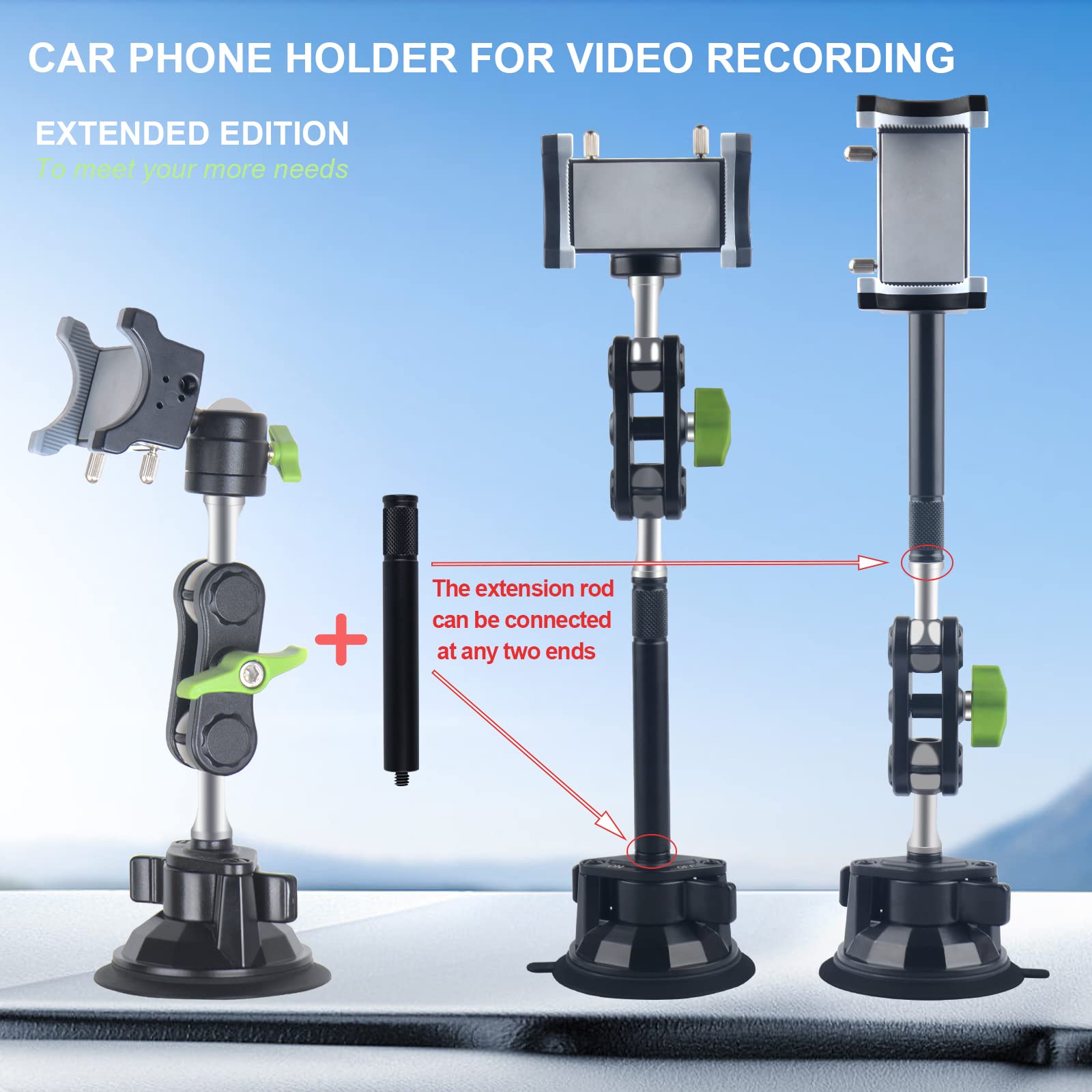 leepiya Car Phone Mount Video Recording Universal Magic Arm Suction Car Phone Holder Mount Windshield Window Glass Dashboard Vlog Shooting Car Phone Mount for All Smartphones & Cars