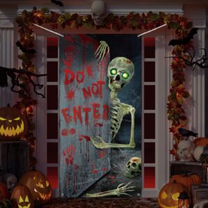 halloween skeleton door cover decorations large fabric scary skull banner backdrop dripping blood door cover poster for halloween party supplies props haunted house decorations, 35.4 x 70.9 inch