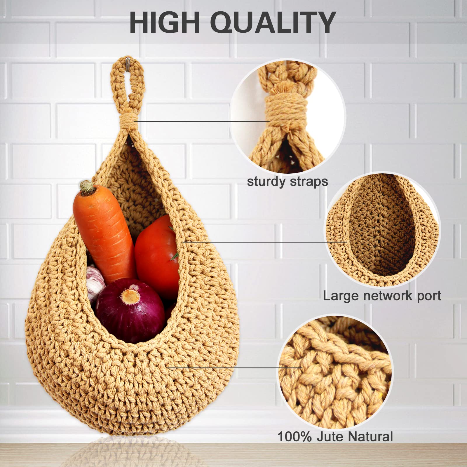 Wall Hanging Fruit Storage Basket: Jute Hanger Vegetable Baskets For Boho Kitchen Small Large Woven Hang Basket Pantry Wicker Produce Storage Bag For Onion Potato Garlic Veggie Banana Plant