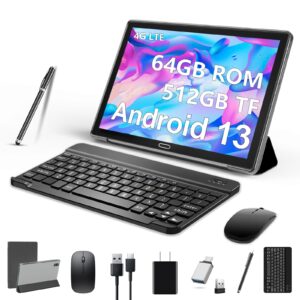 2024 newest 10 inch tablet,3 in 1 tablet with keyboard mouse pen, android 13 tablet 4g cellular with 2 sim 1 sd-64gb rom tf max 512gb,octa-core,1080 fhd,13mp,gms-zertifizierung,gps/ wifi/ bt(grey)