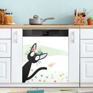 black cat cute dishwasher magnet cover front door spring flower kitty decorative refrigerator covers magnetic sheet sticker wash machine fridge panel decal for kitchen appliance 23x26 in