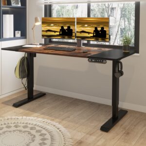 Jceet Adjustable Height Electric Standing Desk - 63 x 30 Inch Sit Stand Computer Desk with Splice Board, Stand Up Desk Table for Home Office, Black Frame/Black and Rustic Brown Top