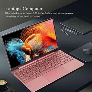 Laptops Computer, 14in Ultra Slim Laptop Pink Quad Core IPS HD Screen for School US Plug