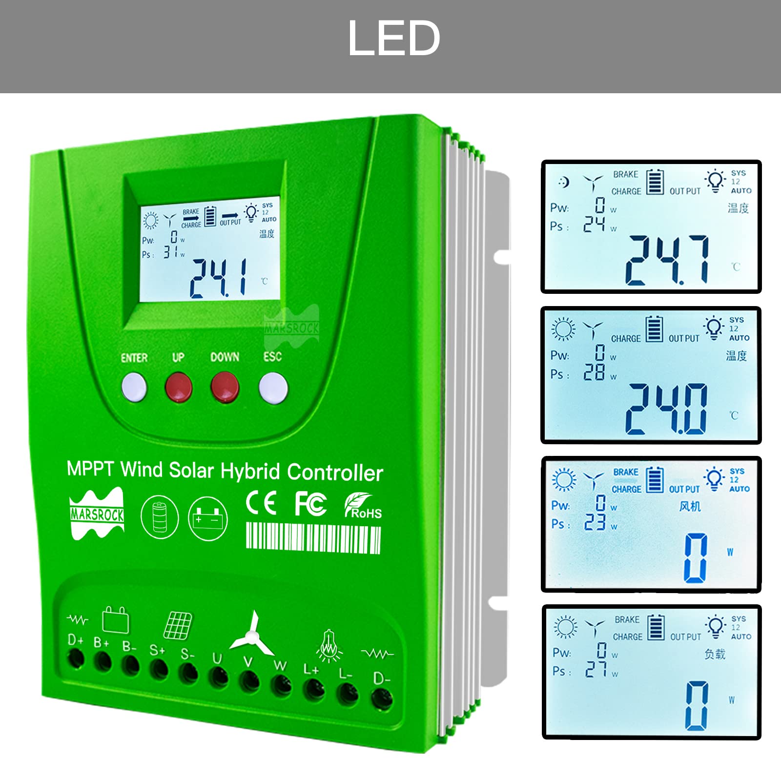 Mars Rock 2000W 12V/24V Auto 0~1000W Wind 0~1000W Solar MPPT Wind Solar Hybrid Controller Pioneer Version Charge Lithium & Lead Acid Gel Battery (12/24V Auto)