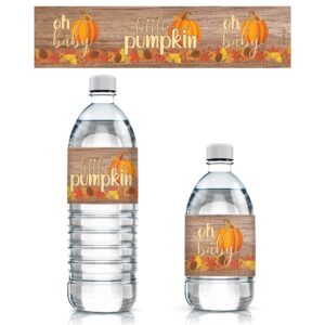 rustic fall little pumpkin baby shower water bottle labels - autumn unisex themed waterproof bottle wrappers - 24 count