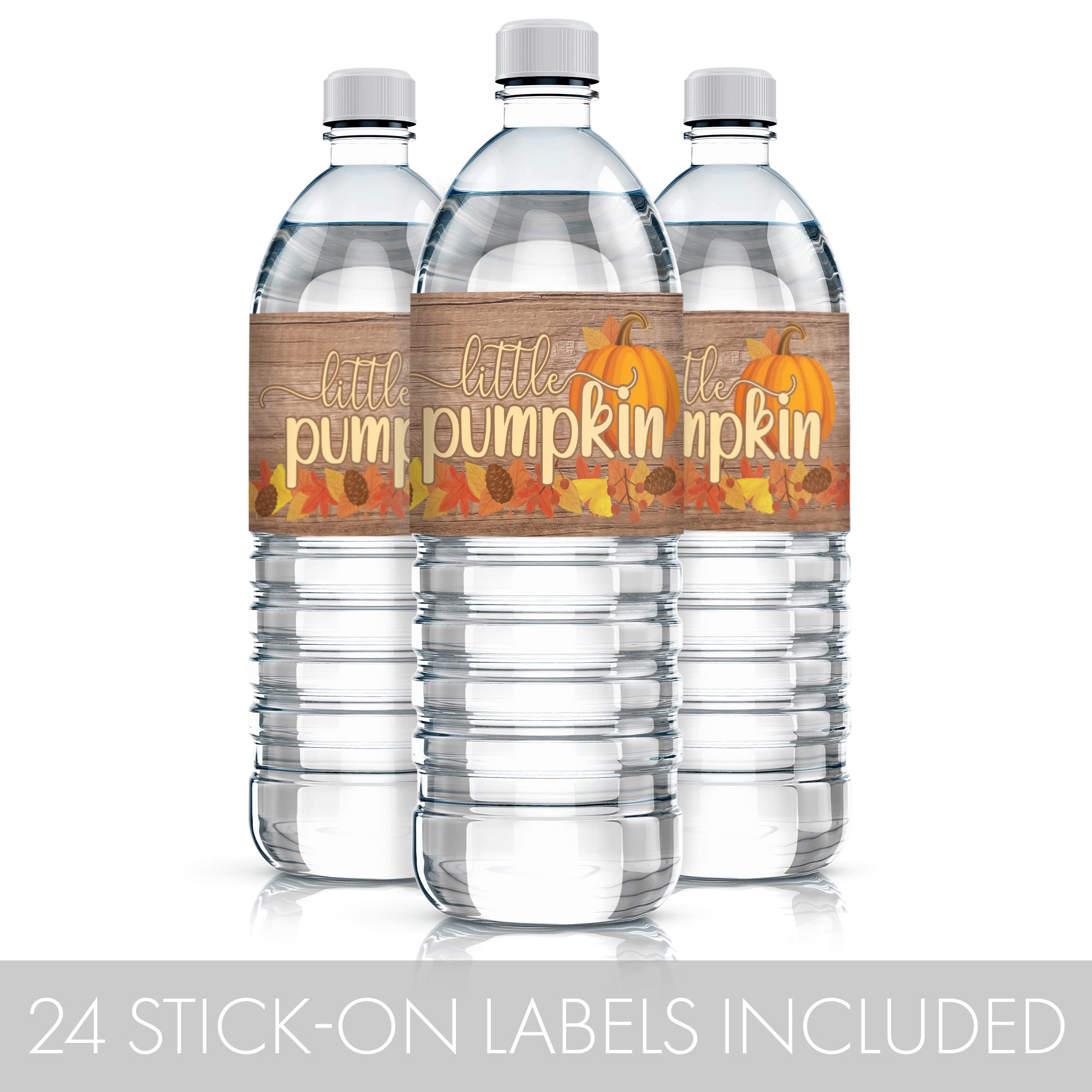 Rustic Fall Little Pumpkin Baby Shower Water Bottle Labels - Autumn Unisex Themed Waterproof Bottle Wrappers - 24 Count