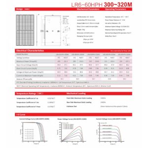 315 Watt 24 Volt Solar Panel Monocrystalline PV Module 315W 24V LR6-60HPB-315M with Black Frame, Off Grid, On Grid, Boat RV Applications