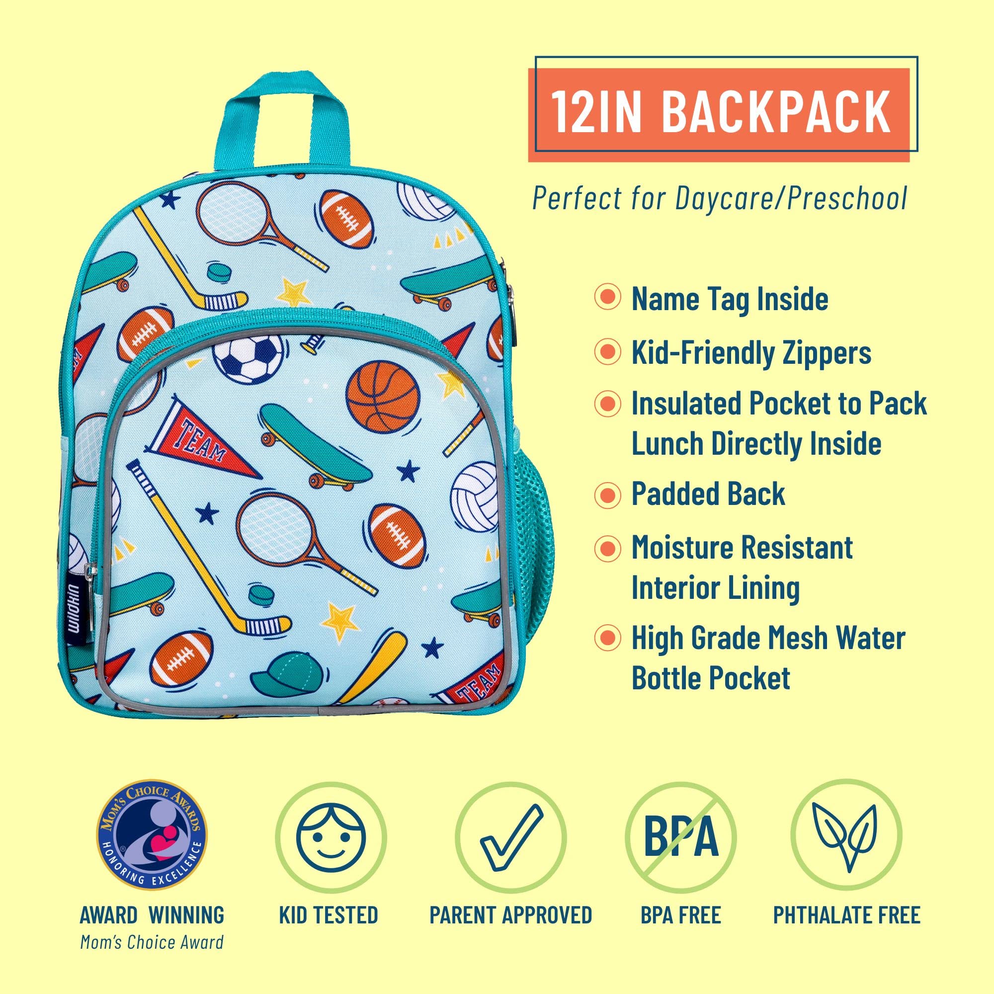 Wildkin 12-Inch Kids Backpack for Boys & Girls, Perfect for Daycare and Preschool, Toddler Bags Features Padded Back & Adjustable Strap, Ideal for School & Travel Backpacks (Team Spirit)