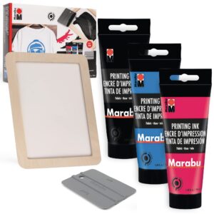 marabu screen printing kit set - screen print kit with reusable wooden frame, 1 screen printing squeegee, and 3 x 100ml ink - silk screen printing kit for beginners