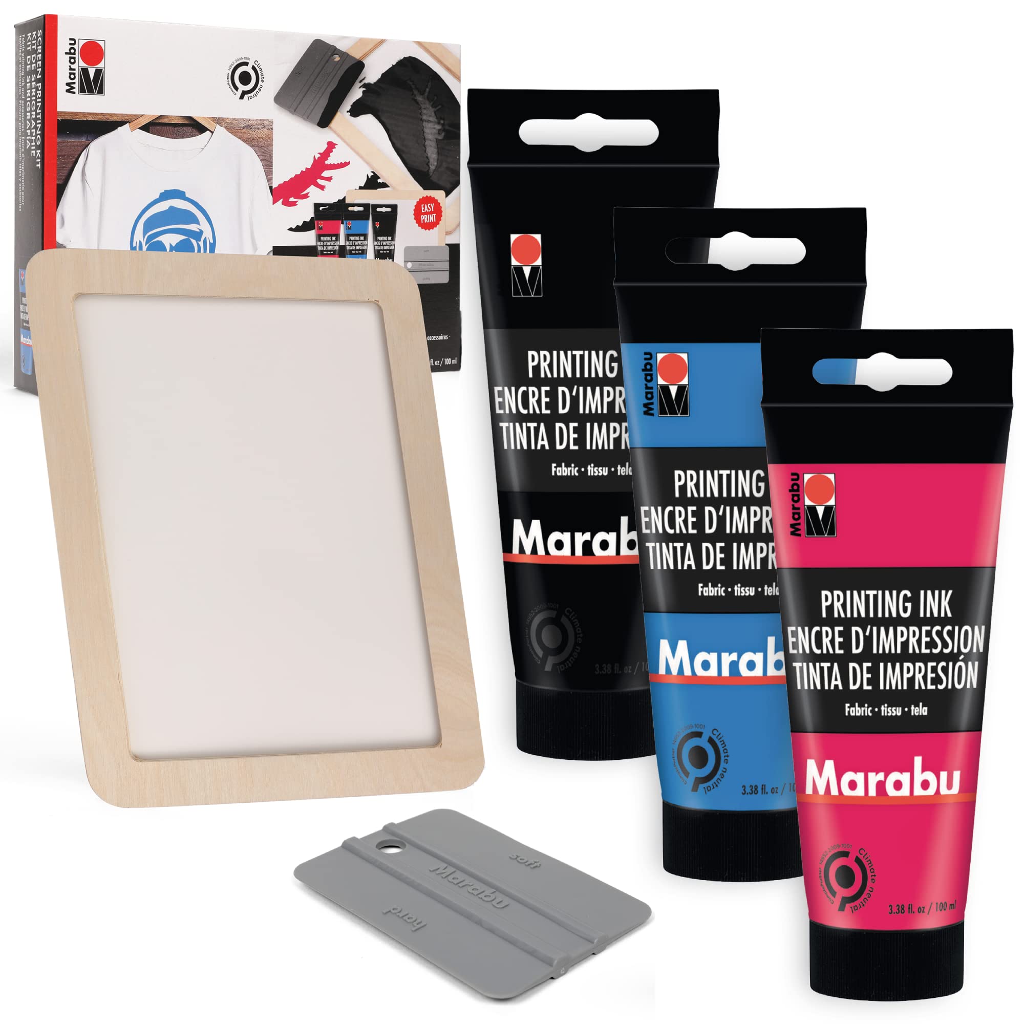 Marabu Screen Printing Kit Set - Screen Print Kit with Reusable Wooden Frame, 1 Screen Printing Squeegee, and 3 x 100ml Ink - Silk Screen Printing Kit for Beginners