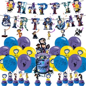yacanna coraline birthday party supplies, coraline theme birthday party decorations, includes cupcake toppers banner ,18 balloons and coraline swirls,cute coraline theme for birthday party