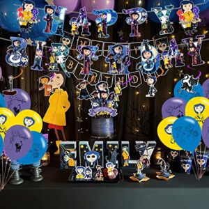 YACANNA Coraline Birthday Party Supplies, Coraline Theme Birthday Party Decorations, Includes Cupcake Toppers Banner ,18 Balloons and Coraline Swirls,Cute Coraline Theme for Birthday Party