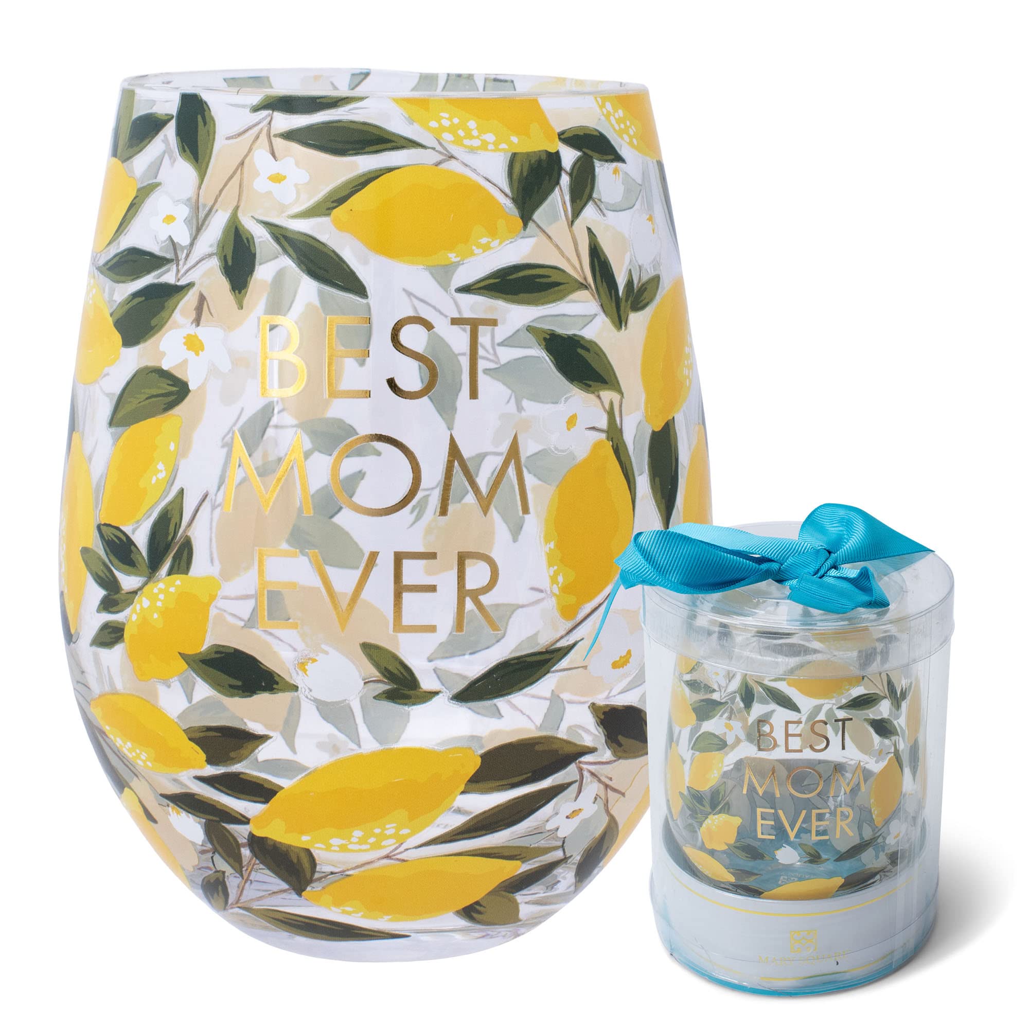 Mary Square Best Mom Ever Yellow Lemon 16 ounce Glass Stemless Wine Tumbler