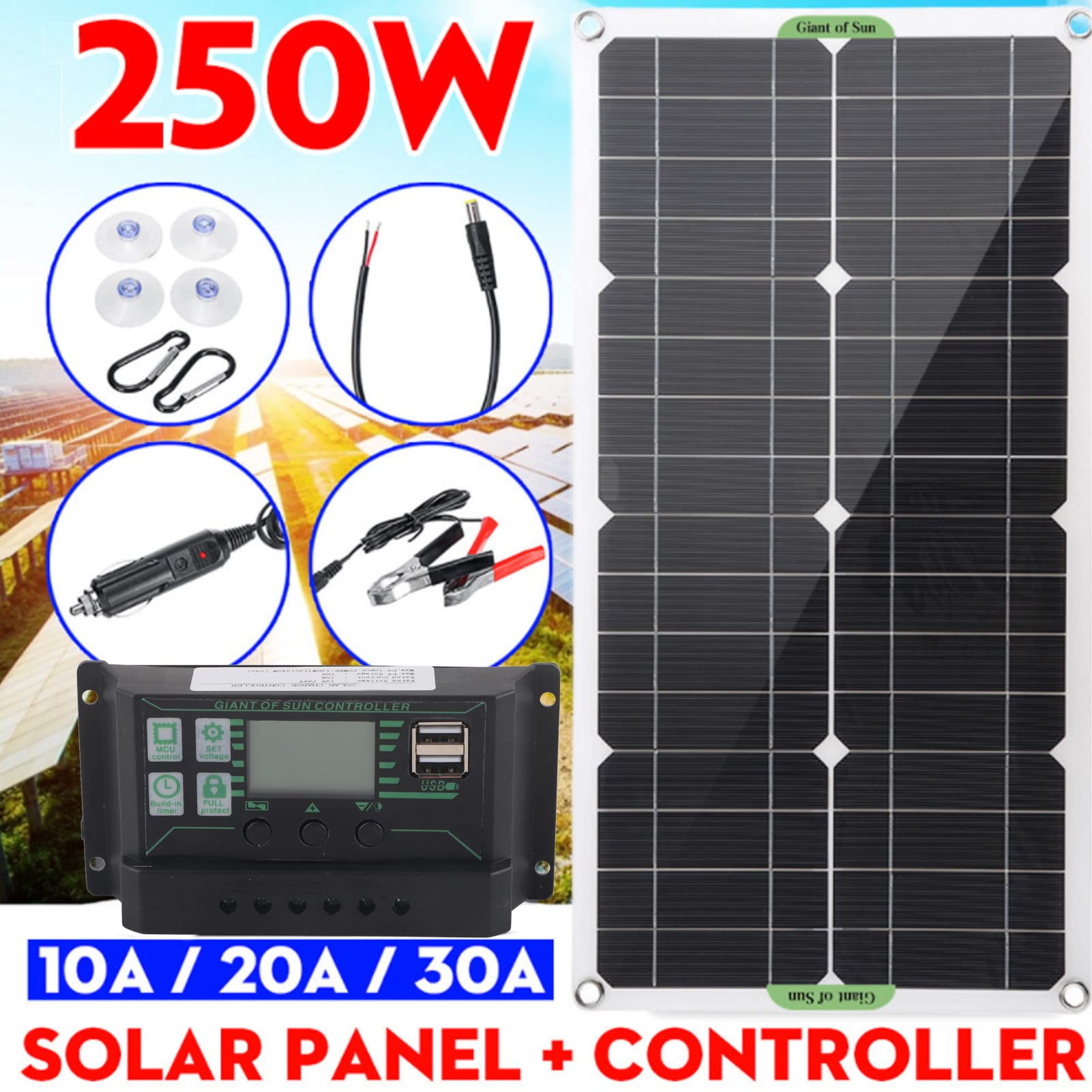 Solar Battery, 250W Monocrystalline Solar Panel Kit Dual USB Ports Solar Powered with 10A Charge Controller for RV Car Boat Emergency Charging, 12V Battery Charging, etc, RV