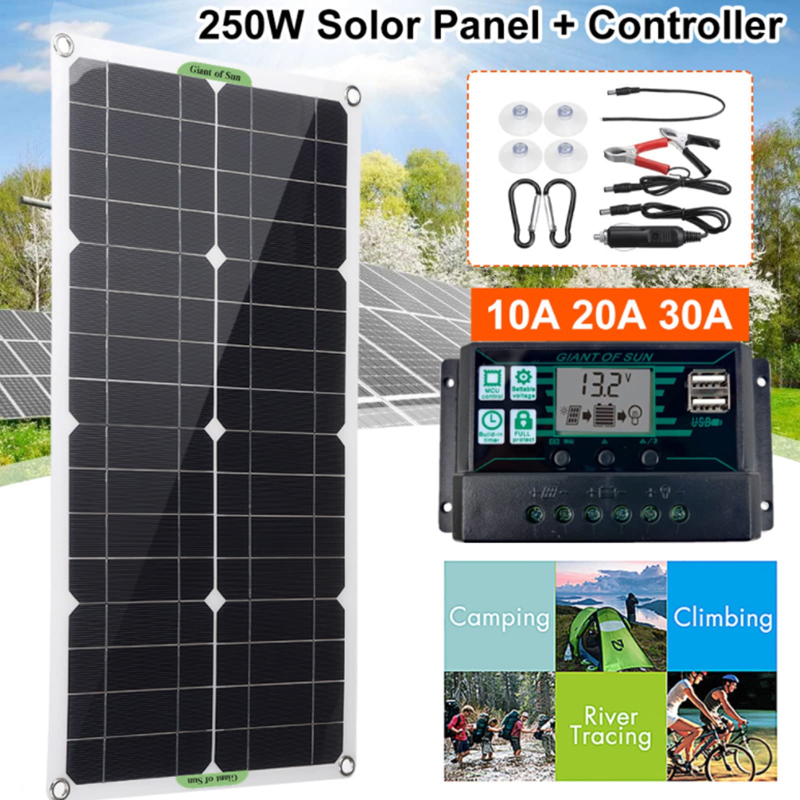 Solar Battery, 250W Monocrystalline Solar Panel Kit Dual USB Ports Solar Powered with 10A Charge Controller for RV Car Boat Emergency Charging, 12V Battery Charging, etc, RV