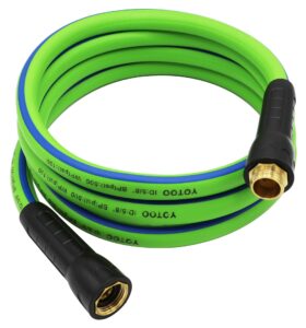yotoo heavy duty hybrid short garden hose, lead in water hose 5/8-inch by 10-feet 150 psi, kink resistant, all-weather flexible with swivel grip handle and 3/4" ght solid brass fittings, green+blue