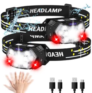 plusinto 9 led headlamp rechargeable 2 pack, 2000 lumens super bright head lamp with red light, 10 modes, motion sensor and adjustable, ipx5 waterproof headlight for camping hiking running