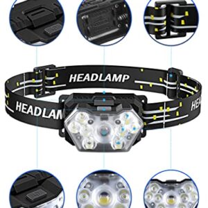 PLUSINTO 9 LED Headlamp 2000 Lumens 2 Pack, Super Bright Head Lamp with 6 AAA Batteries, 6 Modes, Lightweight and Adjustable, IPX5 Waterproof Headlight for Kids Adults Camping, Outdoor, Running