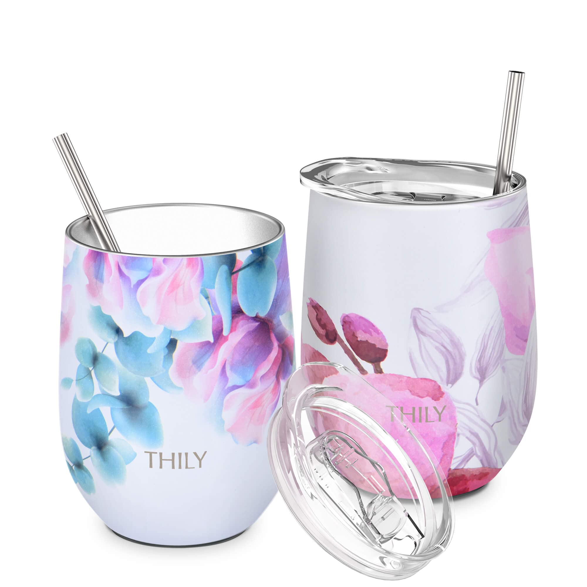 THILY Vacuum Insulated Stemless Wine Tumbler 12 oz Stainless Steel Wine Glass with Lid and Straw, Keep Cold or Hot for Coffee, Cocktails, 2 Pack(Pink Lilies + Lotus Flower)