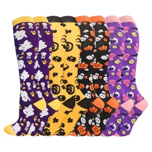 halloween compression stockings for women men, 4 pair long halloween socks 20-30 mmhg for running, cycling, pregnant