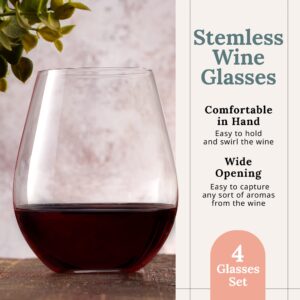 Stemless Set 4 (16 oz) – Hand-Blown Crystal Lead-Free Short Elegant Modern Round Wine Glasses for Hosting Parties