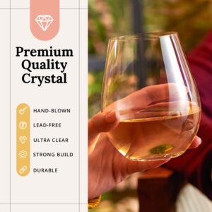 Stemless Set 4 (16 oz) – Hand-Blown Crystal Lead-Free Short Elegant Modern Round Wine Glasses for Hosting Parties