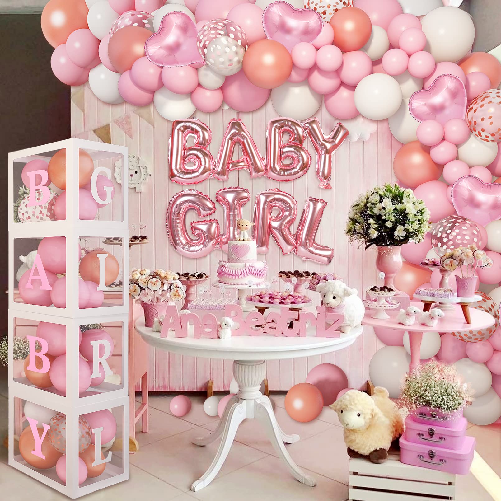 Amandir 143pcs Baby Boxes Pink Baby Shower Decorations for Girl, Rose Gold Pink Balloons Garland Kit Baby Boxes with Letters (A-Z+Baby+Girl) for Baby Shower Girl Birthday Gender Reveal Party Supplies