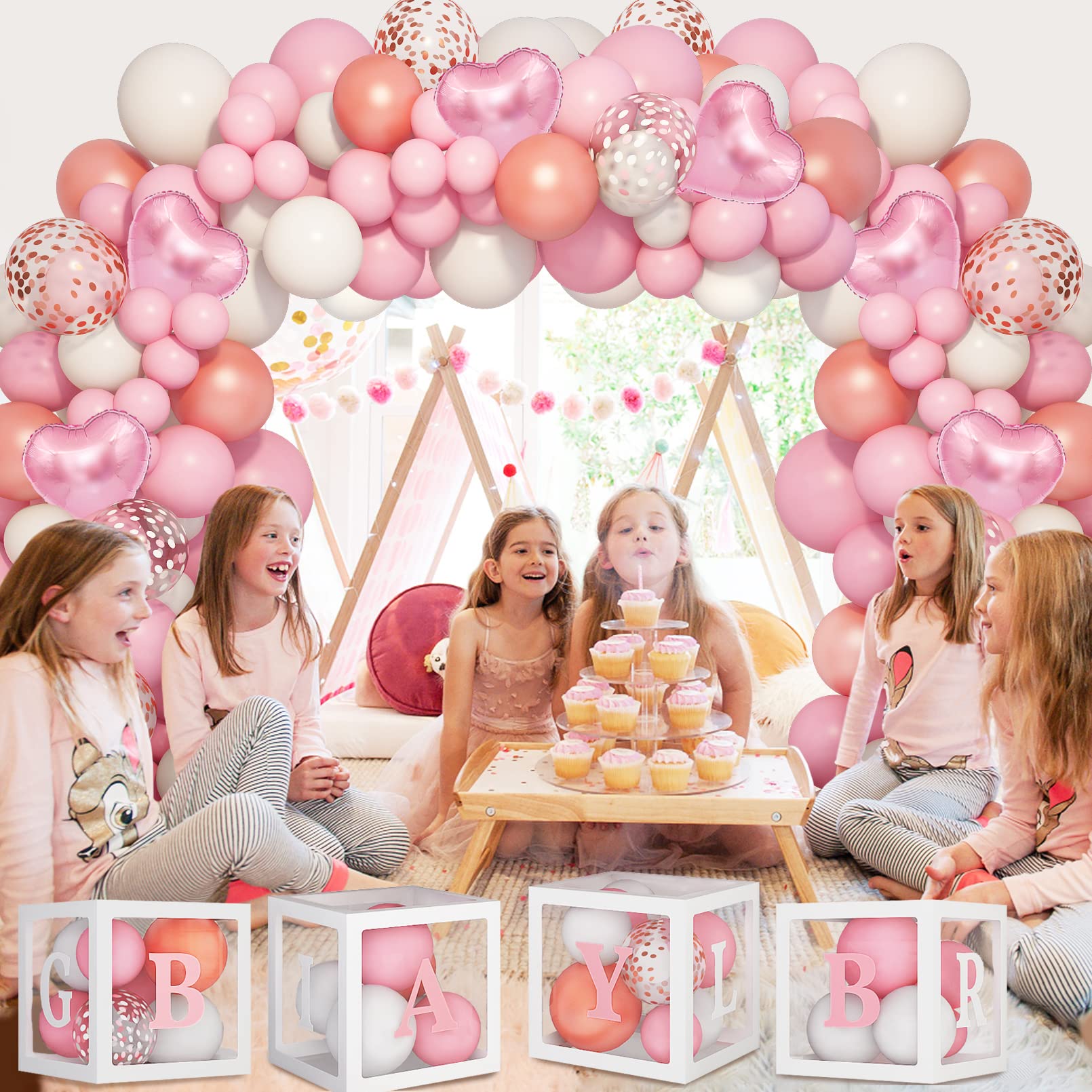 Amandir 143pcs Baby Boxes Pink Baby Shower Decorations for Girl, Rose Gold Pink Balloons Garland Kit Baby Boxes with Letters (A-Z+Baby+Girl) for Baby Shower Girl Birthday Gender Reveal Party Supplies