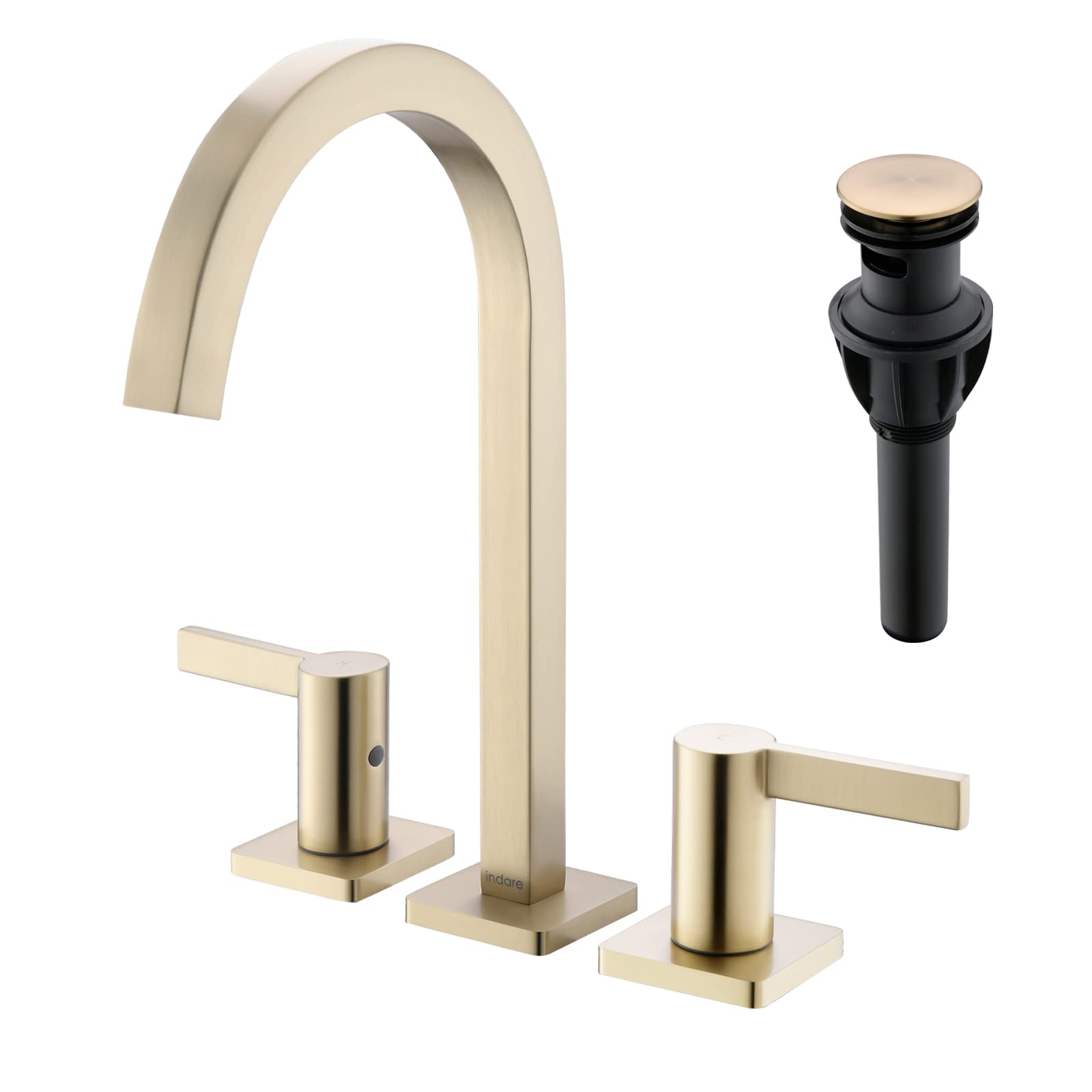 indare Brushed Gold Bathroom Faucet, 8 Inch Brass Widespread Bathroom Sink Faucet 3 Holes, Two Handles Bathroom Sink Faucet with Pop-Up Drain & Supply Lines, 110104-BG