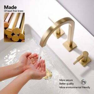 indare Brushed Gold Bathroom Faucet, 8 Inch Brass Widespread Bathroom Sink Faucet 3 Holes, Two Handles Bathroom Sink Faucet with Pop-Up Drain & Supply Lines, 110104-BG