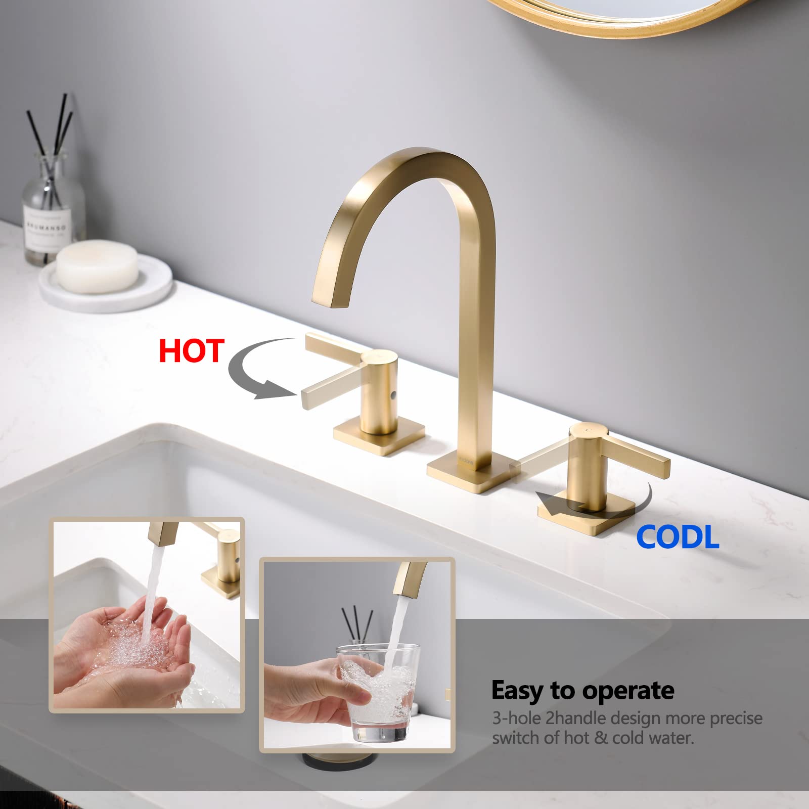 indare Brushed Gold Bathroom Faucet, 8 Inch Brass Widespread Bathroom Sink Faucet 3 Holes, Two Handles Bathroom Sink Faucet with Pop-Up Drain & Supply Lines, 110104-BG