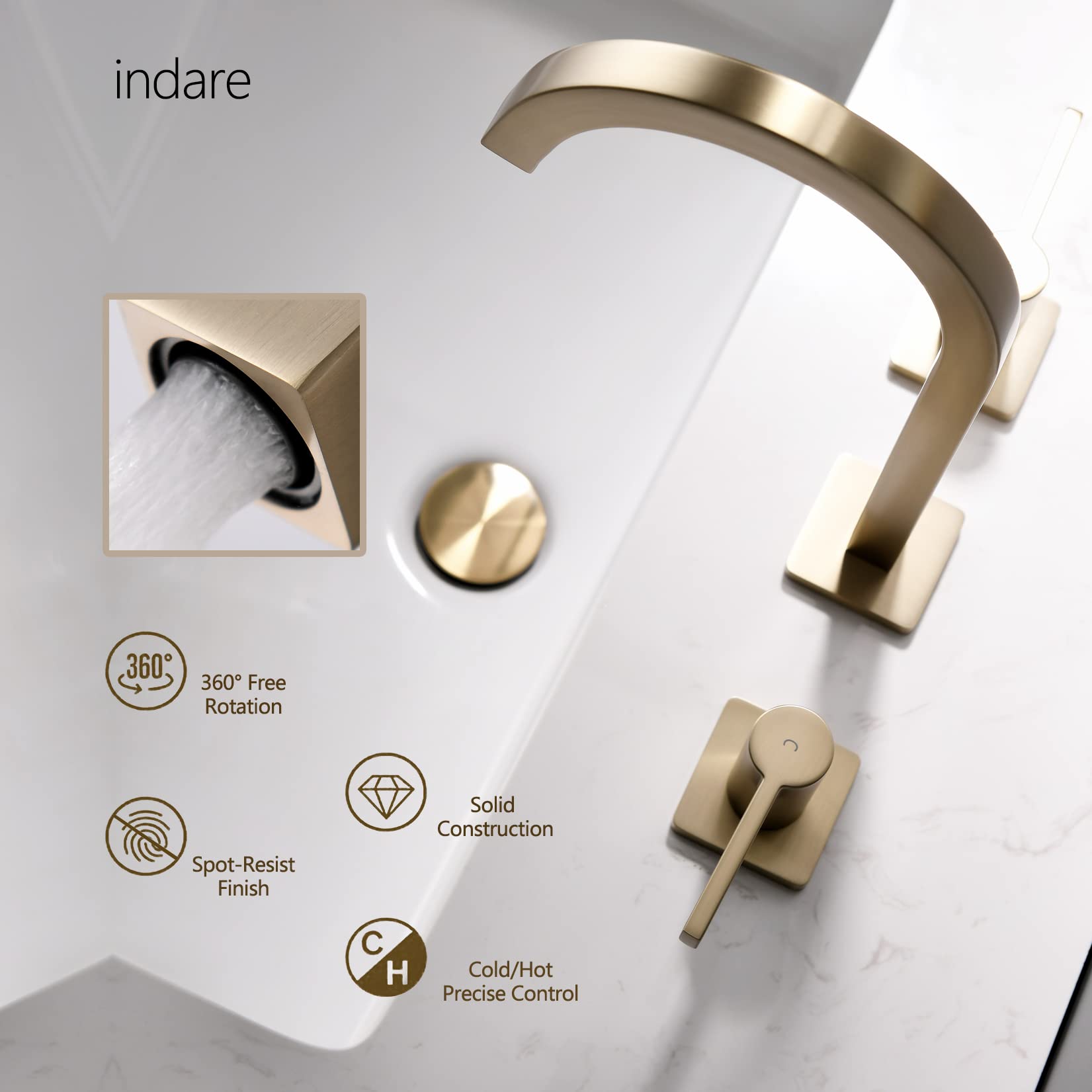 indare Brushed Gold Bathroom Faucet, 8 Inch Brass Widespread Bathroom Sink Faucet 3 Holes, Two Handles Bathroom Sink Faucet with Pop-Up Drain & Supply Lines, 110104-BG