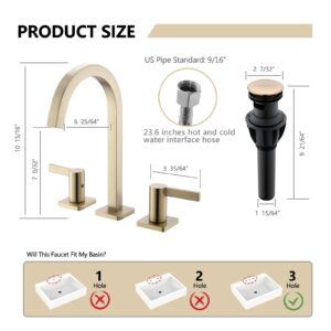 indare Brushed Gold Bathroom Faucet, 8 Inch Brass Widespread Bathroom Sink Faucet 3 Holes, Two Handles Bathroom Sink Faucet with Pop-Up Drain & Supply Lines, 110104-BG