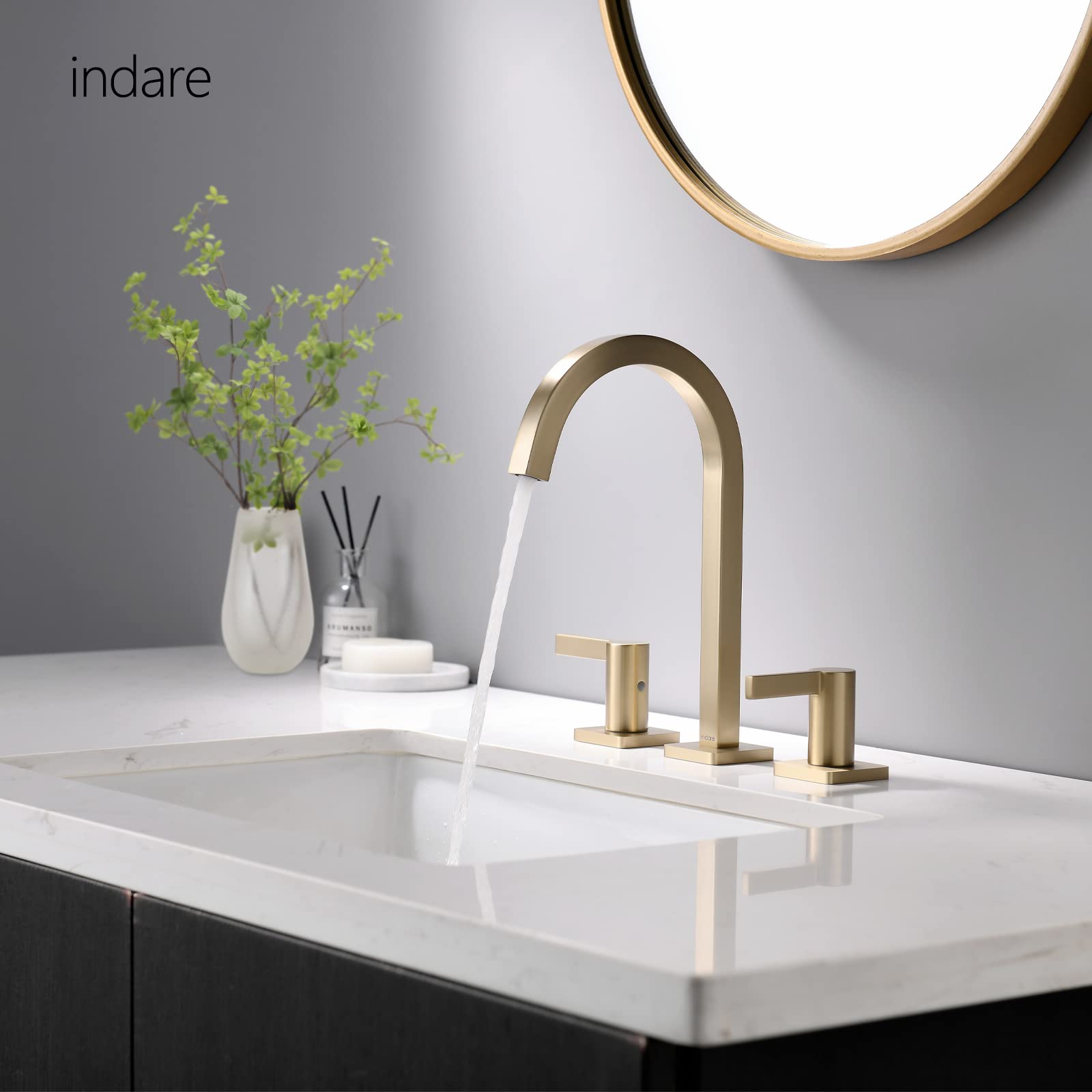 indare Brushed Gold Bathroom Faucet, 8 Inch Brass Widespread Bathroom Sink Faucet 3 Holes, Two Handles Bathroom Sink Faucet with Pop-Up Drain & Supply Lines, 110104-BG