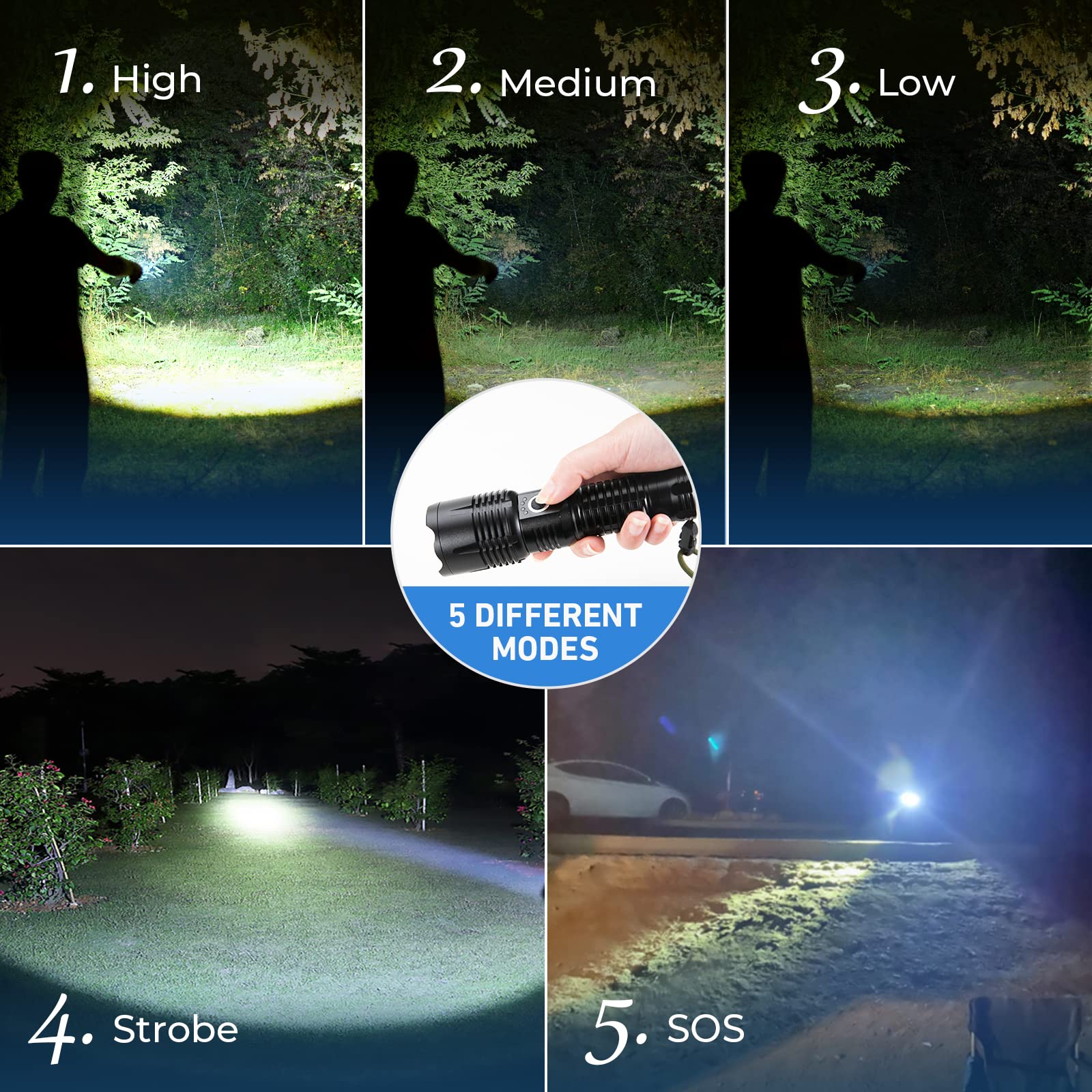 SKNSL Flashlights High Lumens Rechargeable, 990,000 Lumens High Powerful Flash Lights, Super Bright Tactical Handheld Led Flashlight with 5 Modes, Waterproof for Camping,Emergencies