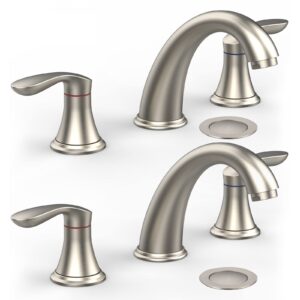 bathroom sink faucet, faucet for bathroom sink, widespread brushed nickel bathroom faucet 3 hole with stainless steel pop up drain and cupc lead-free hose - (brushed nickel 2 packs)