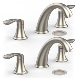 Bathroom Sink Faucet, Faucet for Bathroom Sink, Widespread Brushed Nickel Bathroom Faucet 3 Hole with Stainless Steel Pop Up Drain and cUPC Lead-Free Hose - (Brushed Nickel 2 Packs)