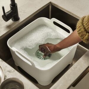 Joseph Joseph Wash & Drain Kitchen Dish Tub Wash Basin with Handles and Draining Plug, 9 liters, Stone/Sage Green