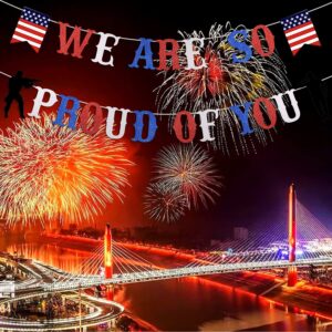 We Are So Proud of You Patriotic Soldier Banner Red White Blue Glitter 4th of July Veterans Day Memorial Day Deployment Returning Back Military Army Retirement Party Decorations Banner