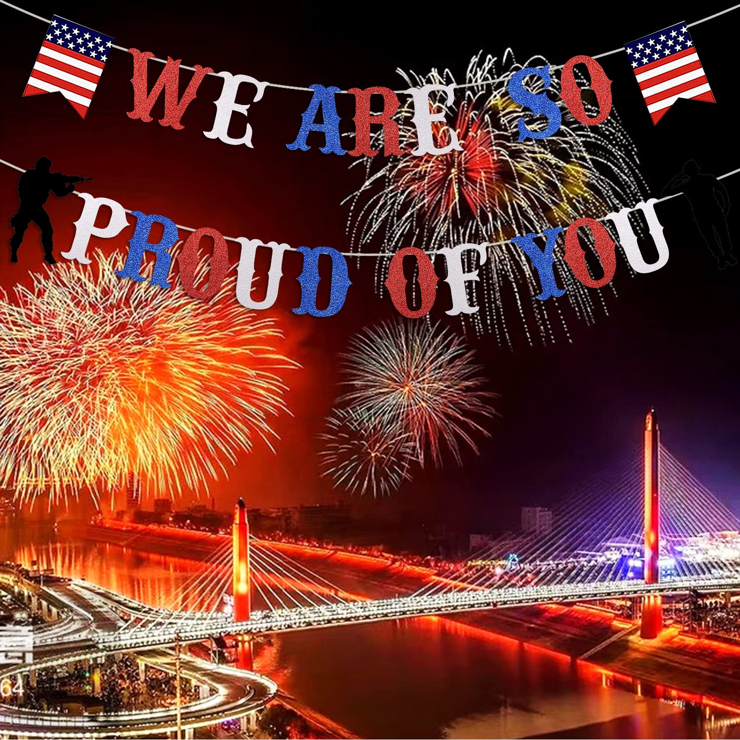 We Are So Proud of You Patriotic Soldier Banner Red White Blue Glitter 4th of July Veterans Day Memorial Day Deployment Returning Back Military Army Retirement Party Decorations Banner