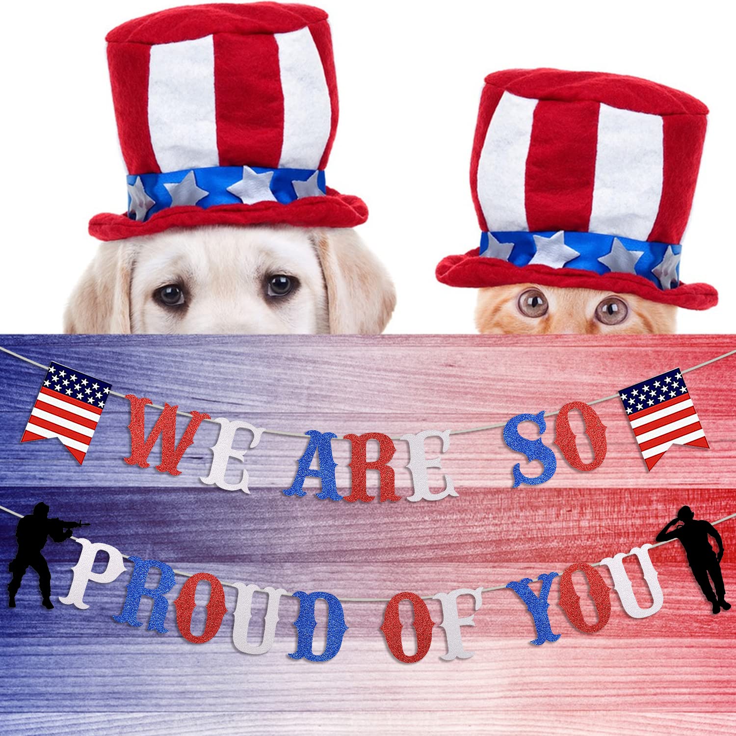 We Are So Proud of You Patriotic Soldier Banner Red White Blue Glitter 4th of July Veterans Day Memorial Day Deployment Returning Back Military Army Retirement Party Decorations Banner