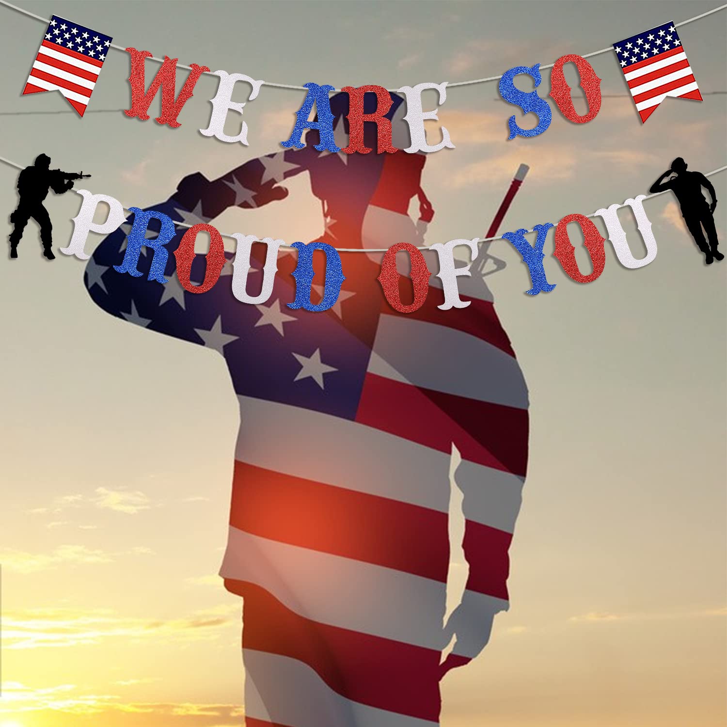 We Are So Proud of You Patriotic Soldier Banner Red White Blue Glitter 4th of July Veterans Day Memorial Day Deployment Returning Back Military Army Retirement Party Decorations Banner